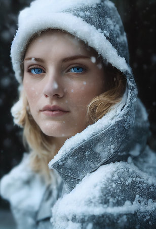Winter portrait of a young beautiful fictional girl on the background of a winter forest. The concept of snowy winter vacations. 3D rendering.の素材