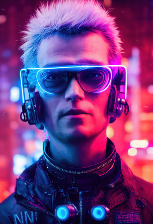 Portrait of a man wearing a cyberpunk headset, neon virtual glasses, and cyberpunk gear. A high-tech futuristic man from the future. The concept of virtual reality and cyberpunk. 3D rendering.の素材