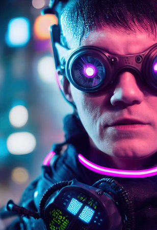 Portrait of a man wearing a cyberpunk headset, neon virtual glasses, and cyberpunk gear. A high-tech futuristic man from the future. The concept of virtual reality and cyberpunk. 3D rendering.の素材