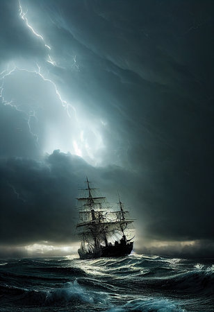 Sea storm with clouds and strong winds. Landscape of a storm at sea.の素材
