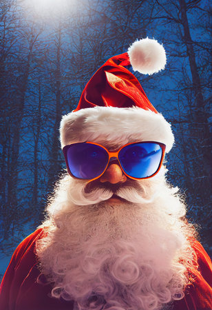 A fancy old bearded Santa Claus in winter against a winter forest with fancy sunglasses. A winter holiday concept. 3d renderingの素材
