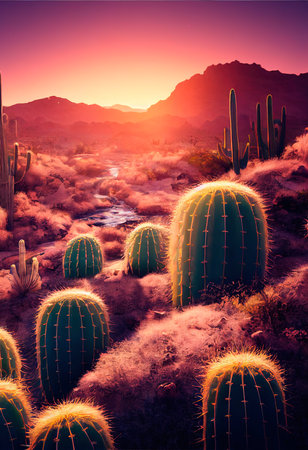 An arid landscape of the hot Sahara Desert. Cacti and sand with dunes. Sunset over sand dunes in a desolate desert. 3D renderの素材