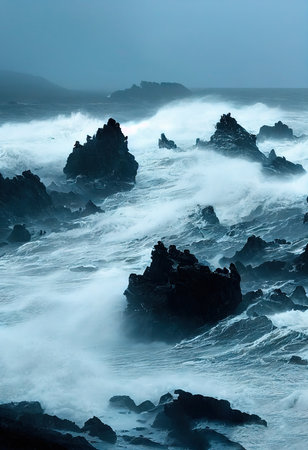 A storm in a dark ocean. Sea waves crash against the rocky shore. Evening stormy sea. 3D rendering.の素材