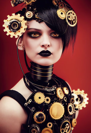 Portrait of a Victorian steampunk robot with beautiful makeup. Artistic abstract steampunk fantasy. The concept of a vintage robot. 3d renderingの素材