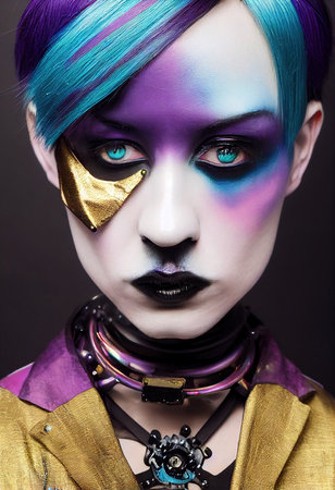Portrait of a Victorian steampunk robot with beautiful makeup. Artistic abstract steampunk fantasy. The concept of a vintage robot. 3d renderingの素材