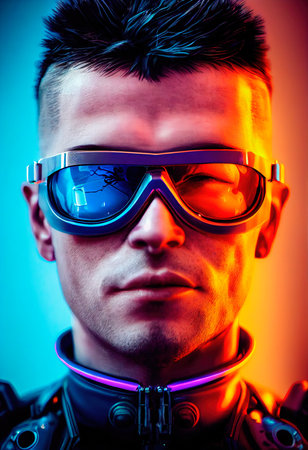 Portrait of a male superhero wearing neon virtual goggles and superhero gear. A high-tech futuristic man from the future. The concept of virtual reality and cyberpunk. 3D rendering.の素材
