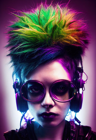 Fictional portrait of a fictional punk pretty girl with headphones and colored hair. Hipster girl with punk hair. 3D renderの素材