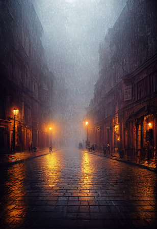 A medieval street with old houses in the morning fog. The concept of an old medieval city.の素材