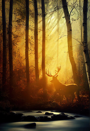 Wild deer in the evening sunlight in the autumn forest. Autumn forest and beautiful deer. 3D renderingの素材