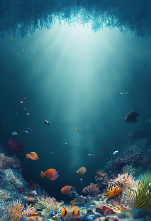 The ecosystem of the underwater marine world. Colorful tropical beautiful ocean fish. 3D renderingの素材