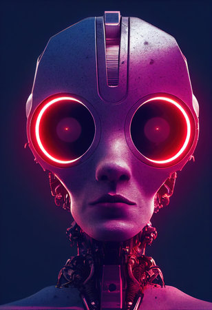 Portrait of a man wearing a cyberpunk headset, neon virtual glasses, and cyberpunk gear. A high-tech futuristic man from the future. The concept of virtual reality and cyberpunk. 3D rendering.の素材