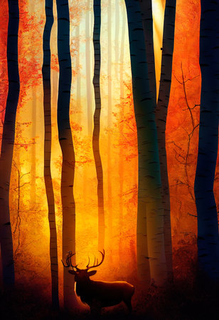 Wild deer in the evening sunlight in the autumn forest. Autumn forest and beautiful deer. 3D renderingの素材