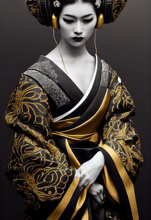 A young beautiful geisha in a kimono and headphones. Portrait of a beautiful geisha in a black and gold kimono. 3D rendering.の素材