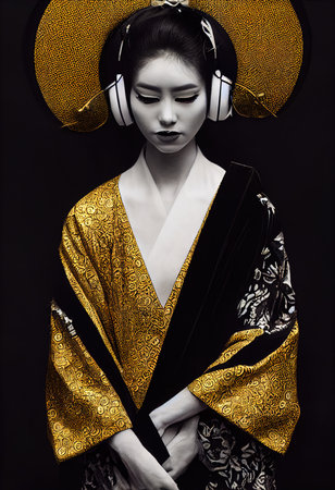 A young beautiful geisha in a kimono and headphones. Portrait of a beautiful geisha in a black and gold kimono. 3D rendering.の素材