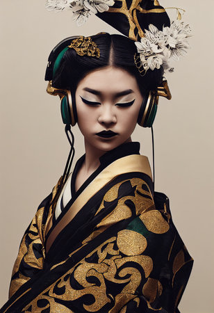 A young beautiful geisha in a kimono and headphones. Portrait of a beautiful geisha in a black and gold kimono. 3D rendering.の素材