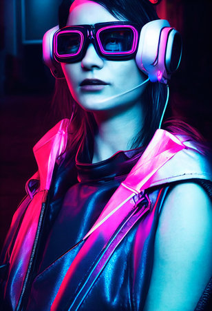 Fictional portrait of a sci-fi cyberpunk girl. High-tech futuristic woman from the future. The concept of virtual reality and cyberpunk. 3D render.の素材