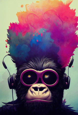 Portrait of a punk monkey. Monkey rock musician. Hipster monkey with a punk hairdo. 3D renderingの素材