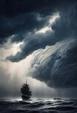 Sea storm with clouds and strong winds. Landscape of a storm at sea.の素材
