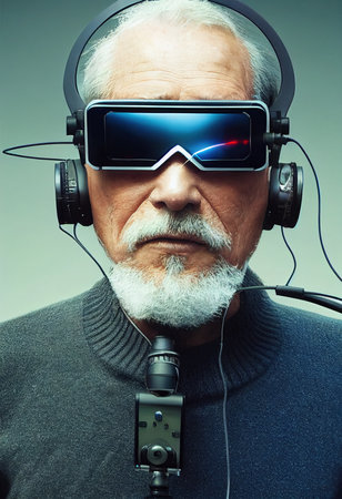 Fictional portrait of a grandfather in a futuristic cyberpunk style with a cyber headset. A high-tech man from the future. The concept of virtual reality and cyberpunk. 3D renderの素材