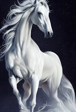 Painted beautiful white racehorse on a black background.の素材