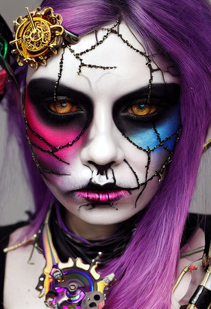 Portrait of a Victorian steampunk robot with beautiful makeup. Artistic abstract steampunk fantasy. The concept of a vintage robot. 3d renderingの素材