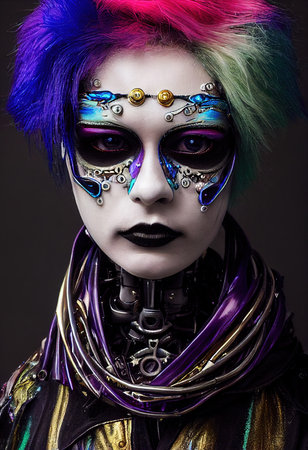 Portrait of a Victorian steampunk robot with beautiful makeup. Artistic abstract steampunk fantasy. The concept of a vintage robot. 3d renderingの素材