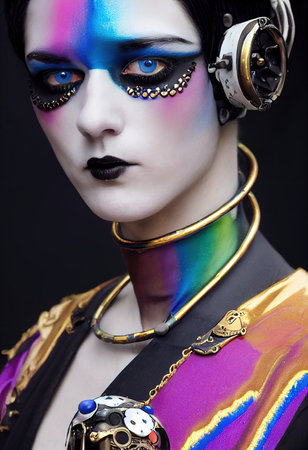 Portrait of a Victorian steampunk robot with beautiful makeup. Artistic abstract steampunk fantasy. The concept of a vintage robot. 3d renderingの素材