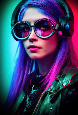 Fictional portrait of a fictional punk pretty girl with headphones and blue hair. Hipster girl with punk hair. 3D renderの素材