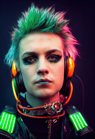 Fictional portrait of a fictional punk man with headphones and green hair. Hipster man with punk hair. 3D renderの素材