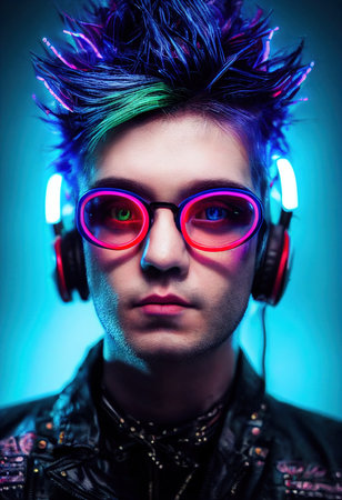 Fictional portrait of a fictional punk man with headphones and blue hair. Hipster man with punk hair. 3D renderの素材