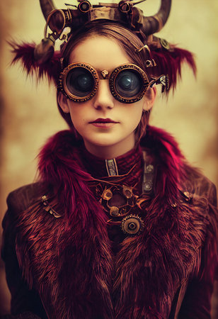 Portrait of a steampunk Victorian woman. A retro woman in a beautiful fur coat. 3D renderingの素材