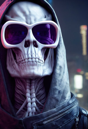 Portrait of a cyberpunk zombie skeleton from hell with fancy sunglasses. Halloween Concept. 3D rendering.の素材