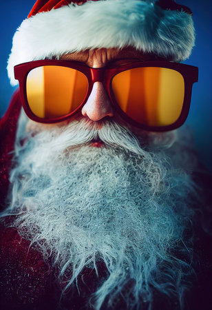 A fancy old bearded Santa Claus in winter against a winter forest with fancy sunglasses. A winter holiday concept. 3d renderingの素材