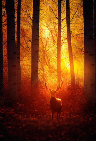 Wild deer in the evening sunlight in the autumn forest. Autumn forest and beautiful deer. 3D renderingの素材