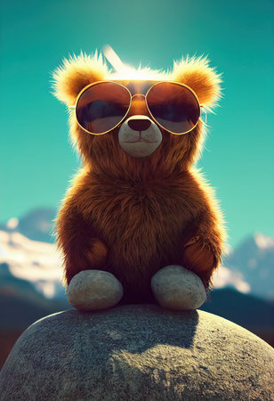 Teddy bear with sunglasses resting on rocks in the sun. Toy bear sunbathing in the sun. 3d renderingの素材