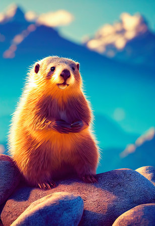 Alpine marmot resting on rocks in the sun. Groundhog in nature. 3d renderingの素材