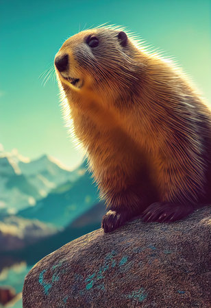 Alpine marmot resting on rocks in the sun. Groundhog in nature. 3d renderingの素材
