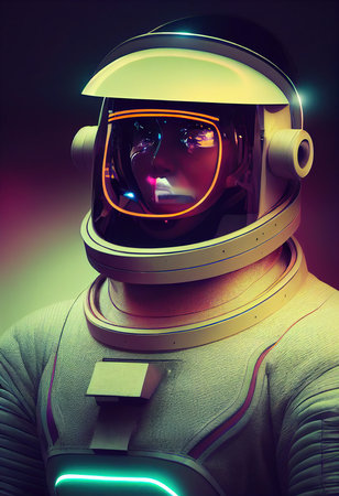 Portrait of an fictional astronaut in neon light in a spacesuit. High-tech astronaut from the future. The concept of space travel. 3D renderingの素材