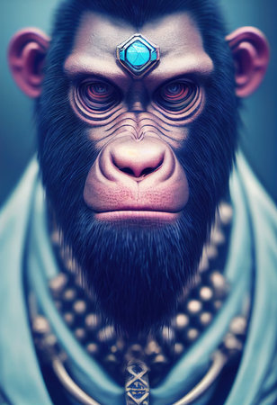 A beautiful shaman monkey. Ancient monkey with precious jewelry. 3d renderingの素材