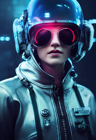 Portrait of a fictional futuristic female pilot in an aviation helmet and pilots suit, against a background of neon lights. 3d renderingの素材