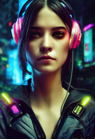 Fictional portrait of a sci-fi cyberpunk girl. High-tech futuristic woman from the future. The concept of virtual reality and cyberpunk. 3D render.の素材