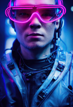 Portrait of a man wearing a cyberpunk headset, neon virtual glasses, and cyberpunk gear. A high-tech futuristic man from the future. The concept of virtual reality and cyberpunk. 3D rendering.の素材