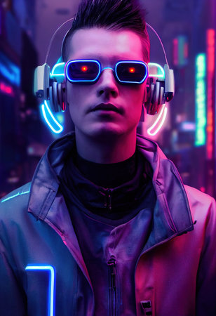 Portrait of a man wearing a cyberpunk headset, neon virtual glasses, and cyberpunk gear. A high-tech futuristic man from the future. The concept of virtual reality and cyberpunk. 3D rendering.の素材