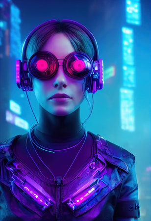 Fictional portrait of a sci-fi cyberpunk girl. High-tech futuristic woman from the future. The concept of virtual reality and cyberpunk. 3D render.の素材