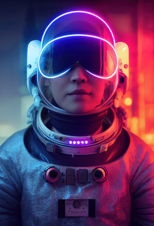Portrait of an fictional astronaut in neon light in a spacesuit. High-tech astronaut from the future. The concept of space travel. 3D renderingの素材