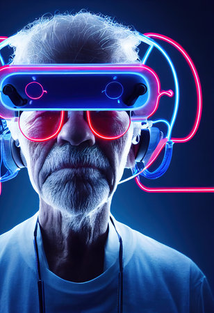 Fictional portrait of a grandfather in a futuristic cyberpunk style with a cyber headset. A high-tech man from the future. The concept of virtual reality and cyberpunk. 3D renderの素材