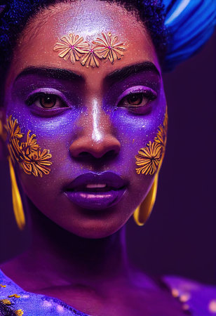 Fantasy fictional beauty, fashionable ebony woman with purple makeup. Creative beautiful girl. 3D renderの素材