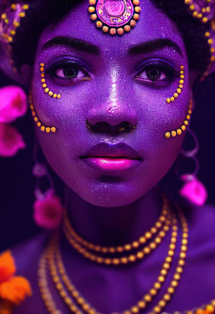 Fantasy fictional beauty, fashionable ebony woman with purple makeup. Creative beautiful girl. 3D renderの素材