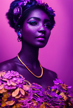 Fantasy fictional beauty, fashionable ebony woman with purple makeup. Creative beautiful girl. 3D renderの素材