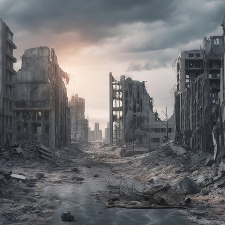 Post-apocalyptic ruined deserted city. Destroyed buildings, destroyed roads, blown up skyscrapers. Generative AI Art.の素材